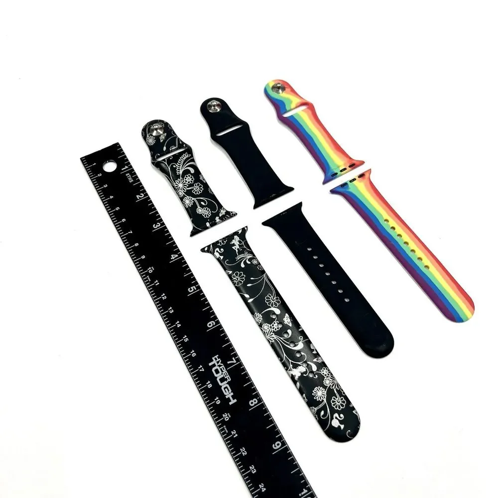 Lot of 3 Silicone Smartwatch bands Rainbow, Black, Black Floral 42-45mm PRIDE